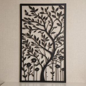 Modern Laser-Cut Metal Wall Art, Tree of Life & Floral Botanical Silhouette Panel, Decorative Hanging Metal Wall Sculpture for Living Room, Bedroom & Office