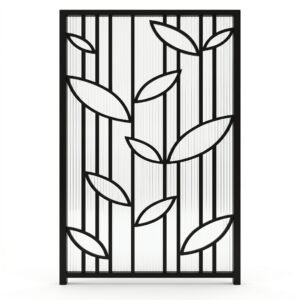 Black Metal & Fluted Glass Room Divider, Decorative Leaf Art Freestanding Privacy Partition Screen for Home and Office